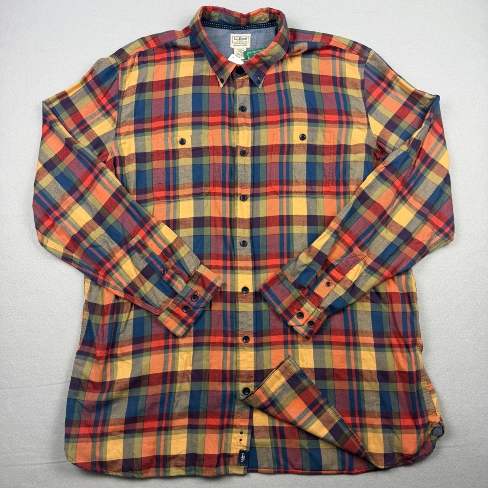 L.L. Bean Mens XXL Tall Rangeley Flannel Orange Spice Plaid Button Down Shirt